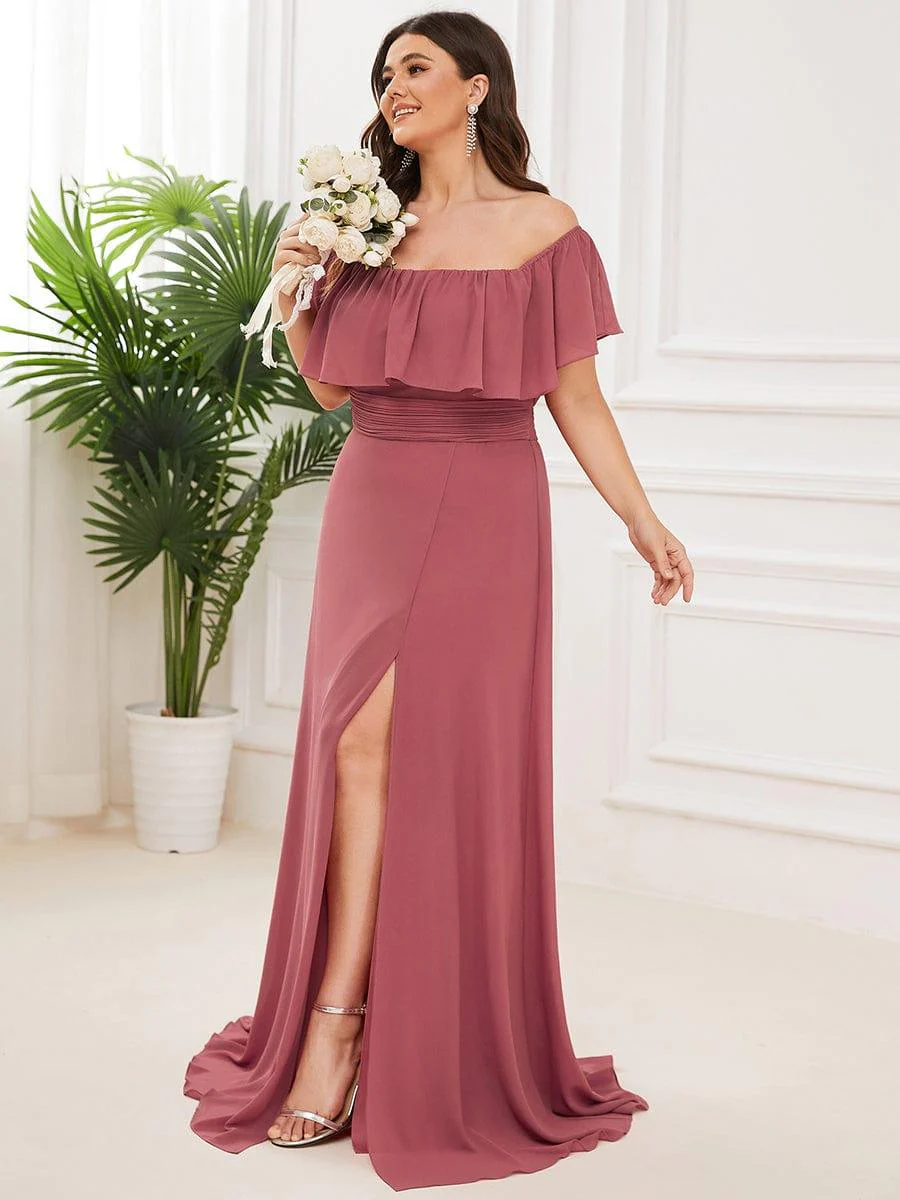 pretty ÉMILE|Plus Size Off-The-Shoulder Ruffle Thigh Split Bridesmaid Dress - Image 88