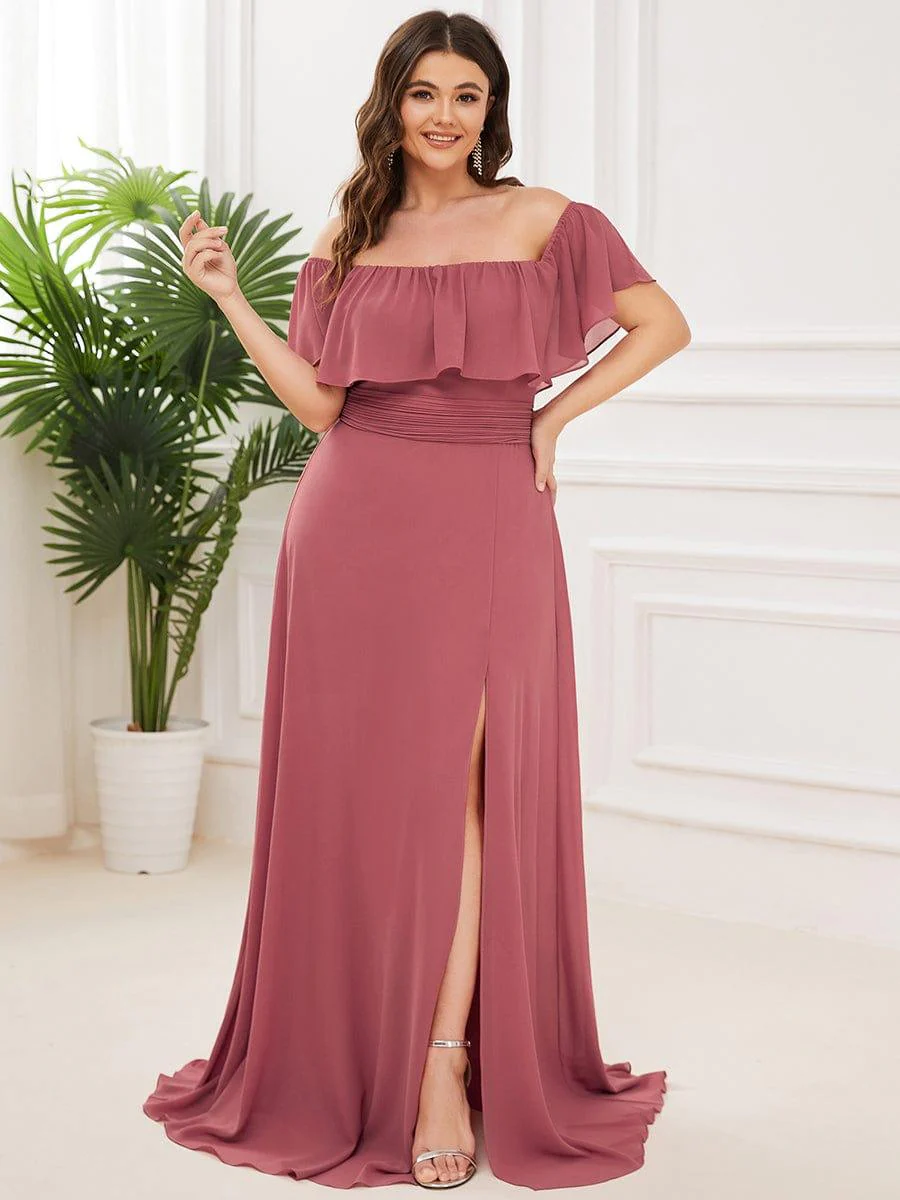 pretty ÉMILE|Plus Size Off-The-Shoulder Ruffle Thigh Split Bridesmaid Dress - Image 89