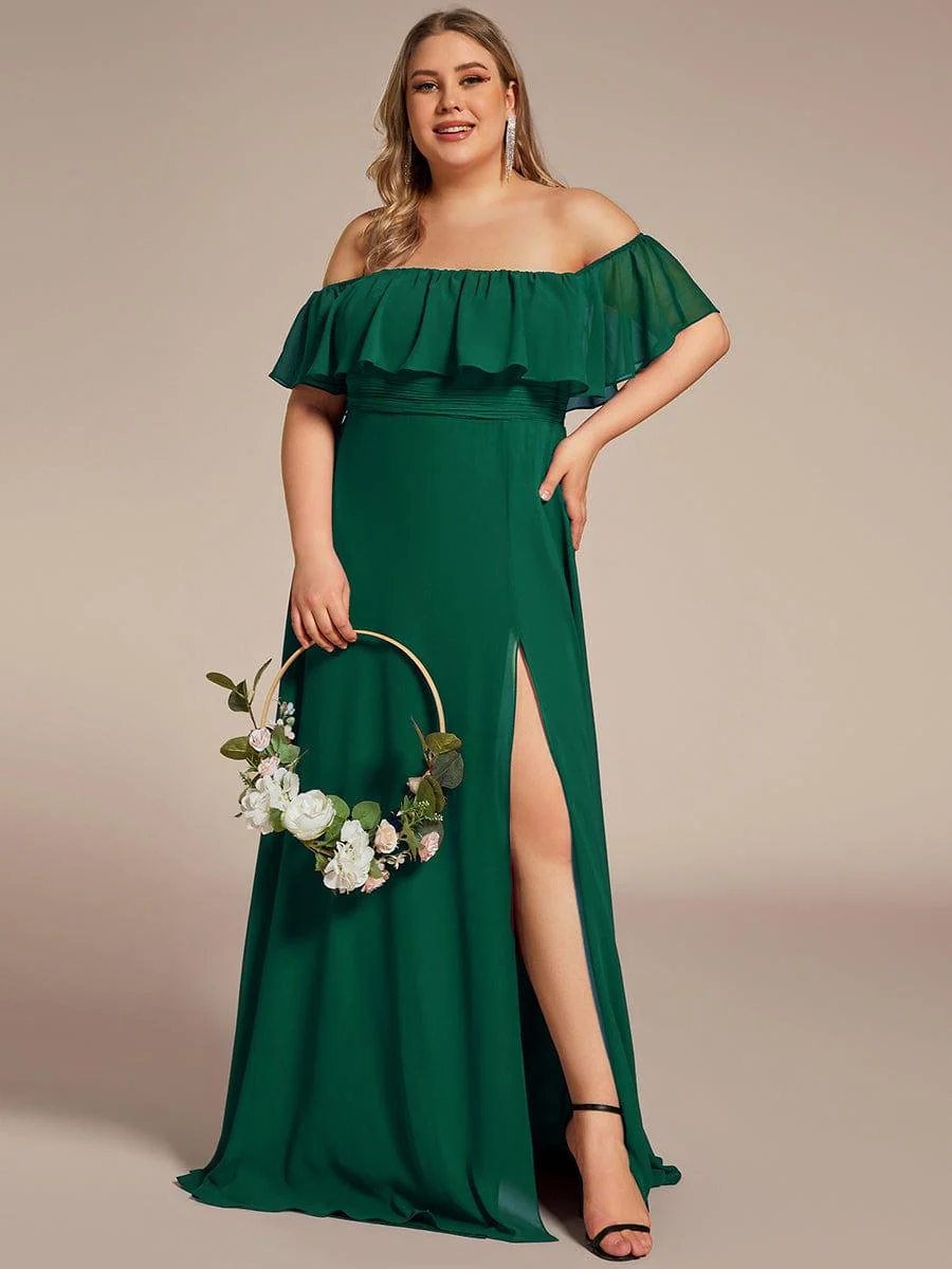 pretty ÉMILE|Plus Size Off-The-Shoulder Ruffle Thigh Split Bridesmaid Dress - Image 90