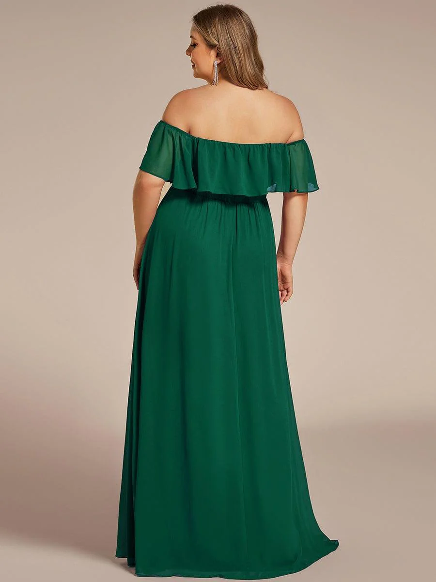 pretty ÉMILE|Plus Size Off-The-Shoulder Ruffle Thigh Split Bridesmaid Dress - Image 91