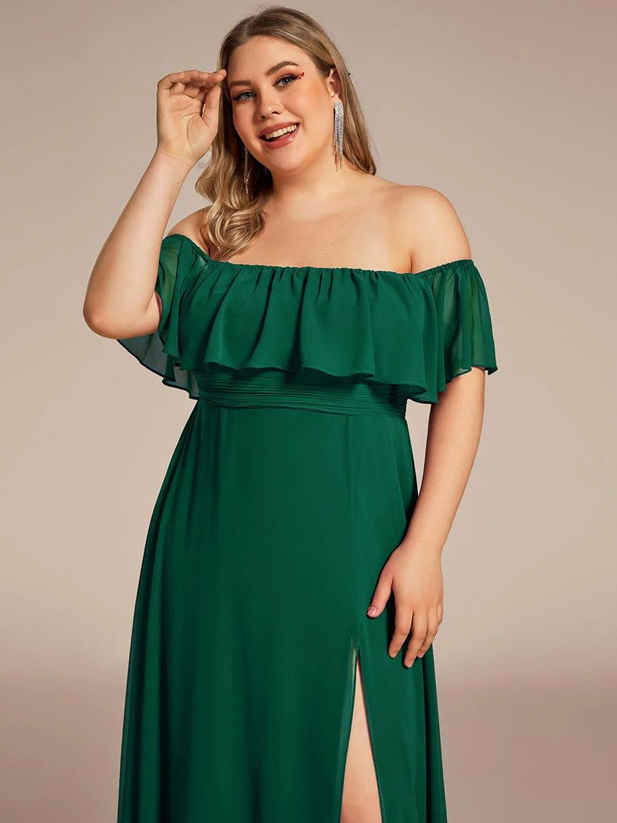 pretty ÉMILE|Plus Size Off-The-Shoulder Ruffle Thigh Split Bridesmaid Dress - Image 92