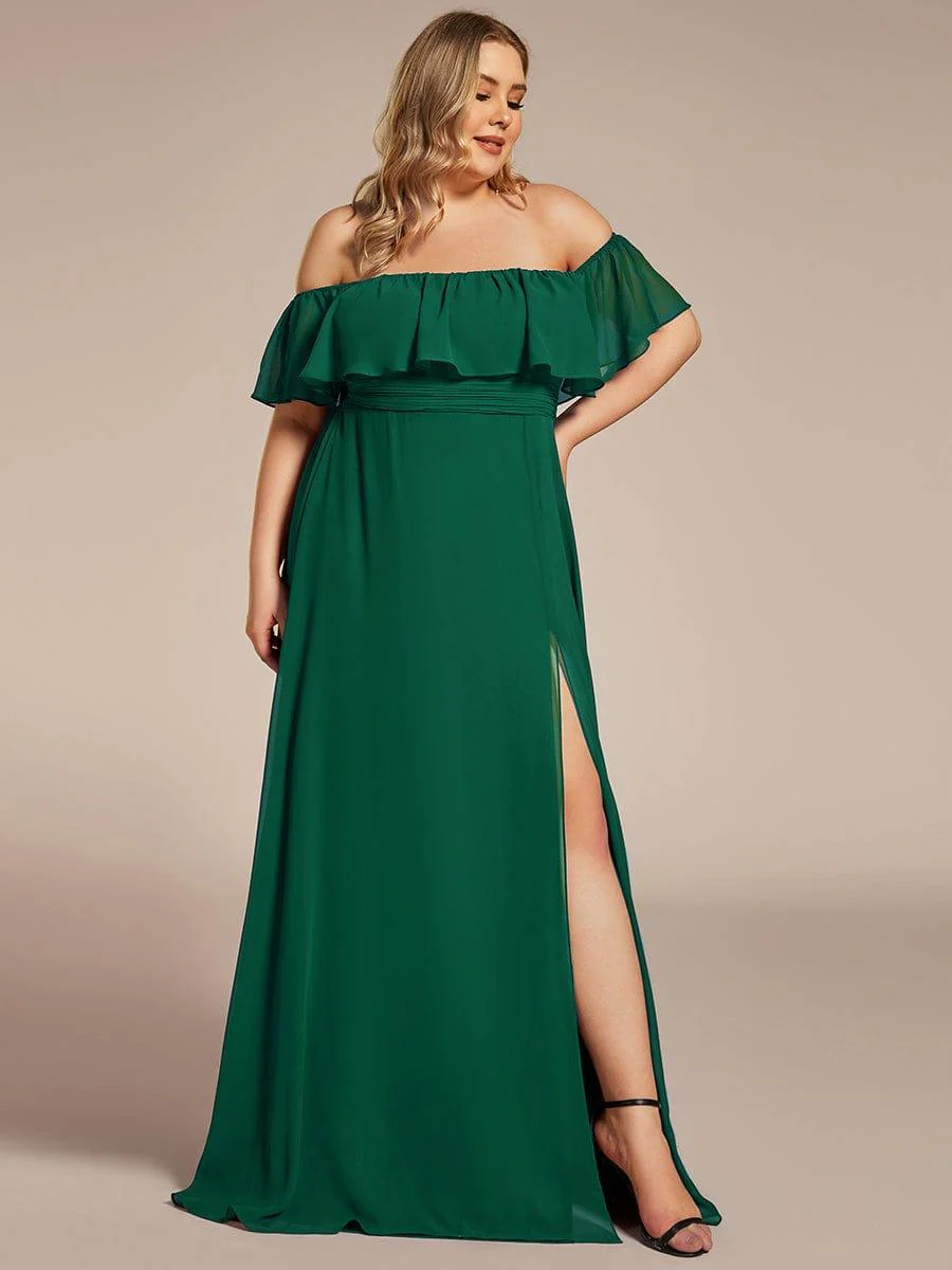 pretty ÉMILE|Plus Size Off-The-Shoulder Ruffle Thigh Split Bridesmaid Dress - Image 93