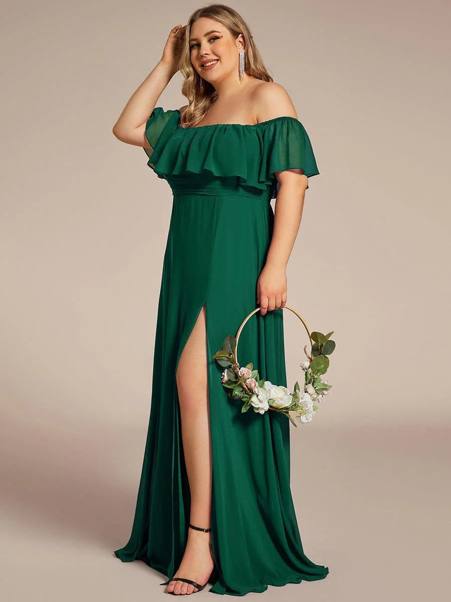 pretty ÉMILE|Plus Size Off-The-Shoulder Ruffle Thigh Split Bridesmaid Dress - Image 94