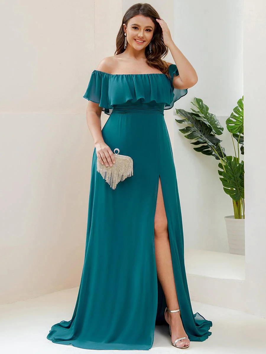 pretty ÉMILE|Plus Size Off-The-Shoulder Ruffle Thigh Split Bridesmaid Dress - Image 95