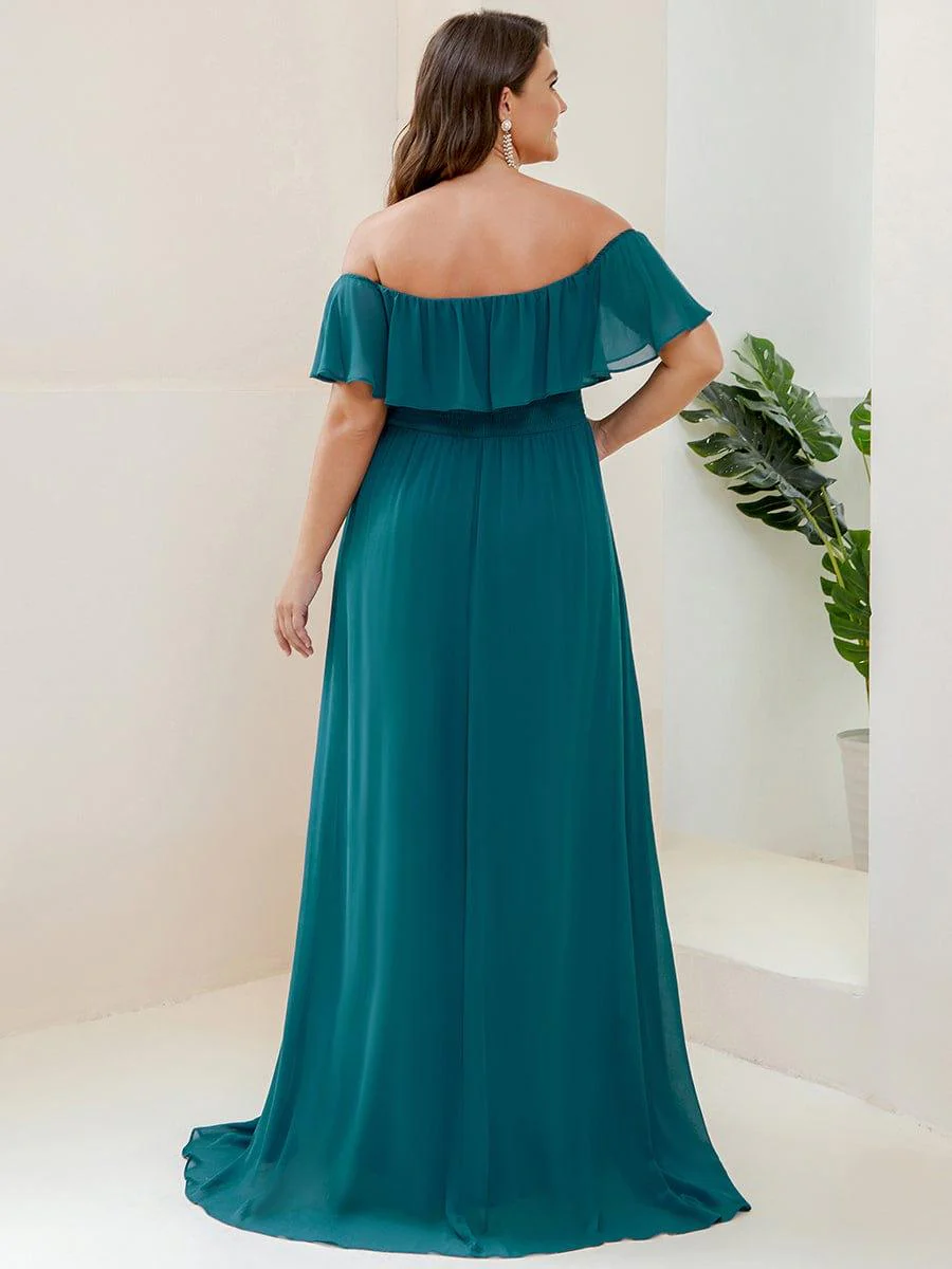 pretty ÉMILE|Plus Size Off-The-Shoulder Ruffle Thigh Split Bridesmaid Dress - Image 96