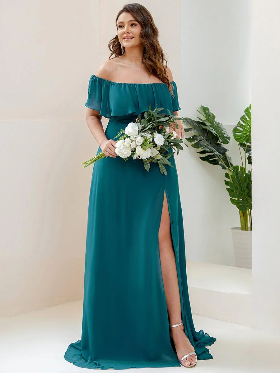 pretty ÉMILE|Plus Size Off-The-Shoulder Ruffle Thigh Split Bridesmaid Dress - Image 98