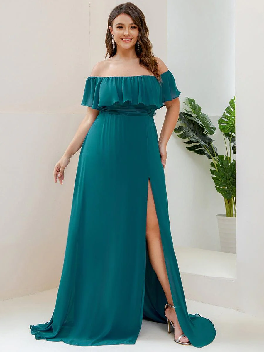 pretty ÉMILE|Plus Size Off-The-Shoulder Ruffle Thigh Split Bridesmaid Dress - Image 99