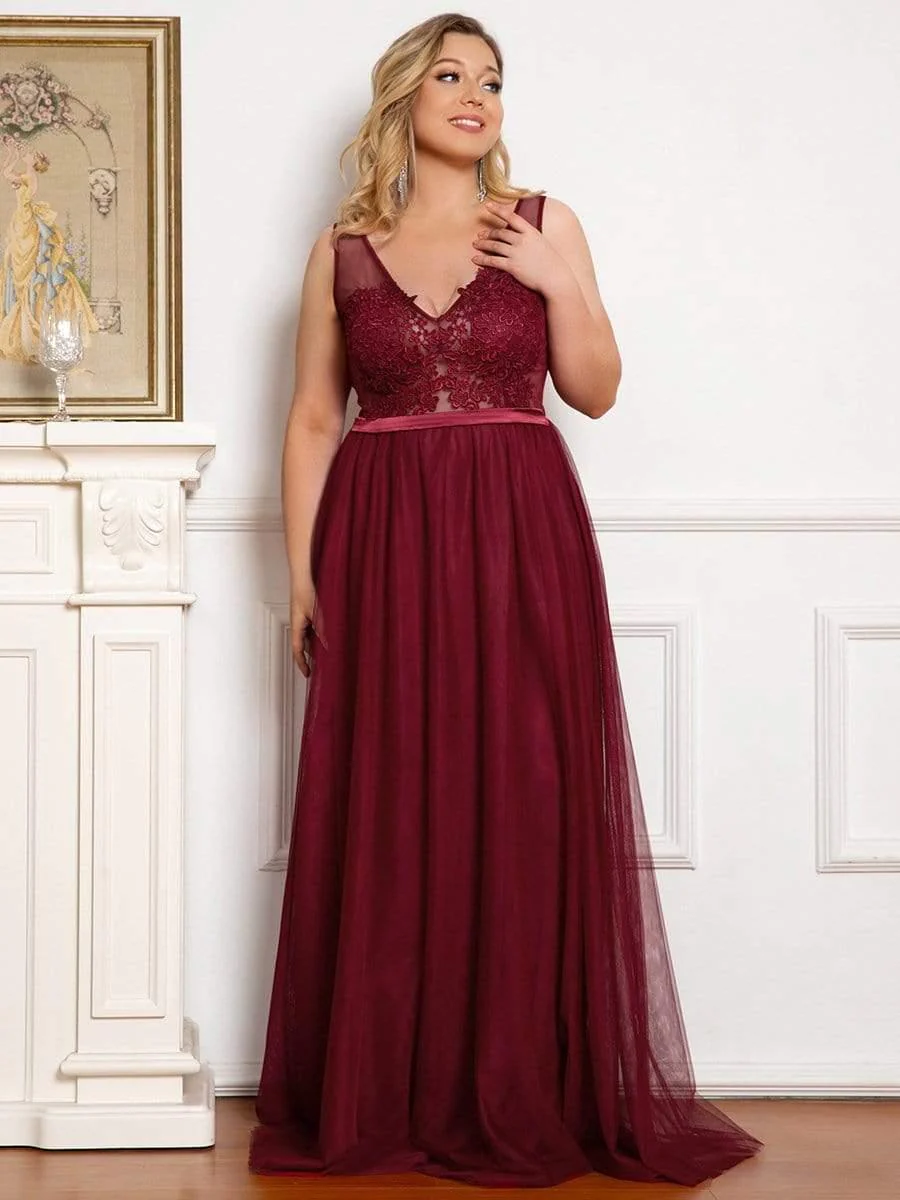 Plus Size Women's A-Line V-Neck Floral Lace Appliques Bridesmaid Dress(Final Sale) - Image 10