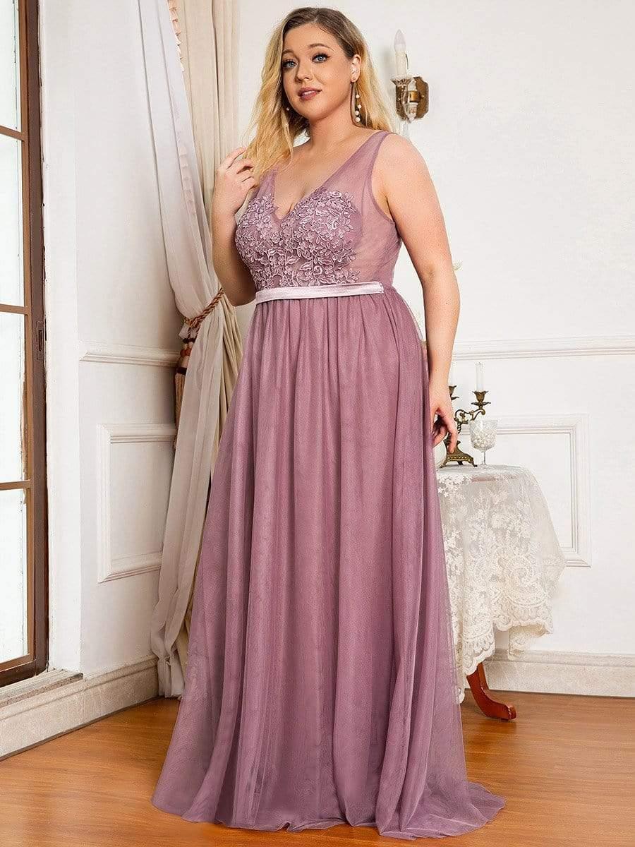 Plus Size Women's A-Line V-Neck Floral Lace Appliques Bridesmaid Dress(Final Sale) - Image 13
