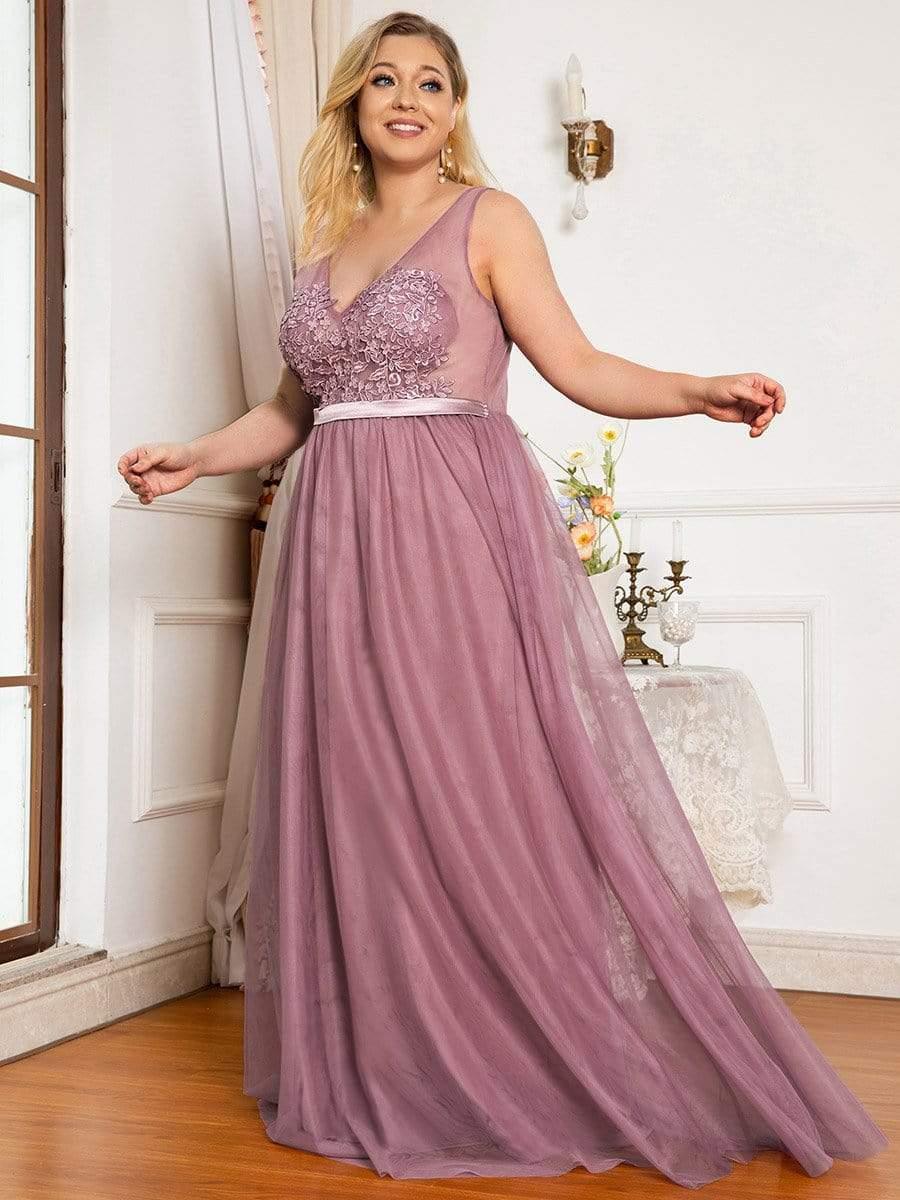 Plus Size Women's A-Line V-Neck Floral Lace Appliques Bridesmaid Dress(Final Sale) - Image 15