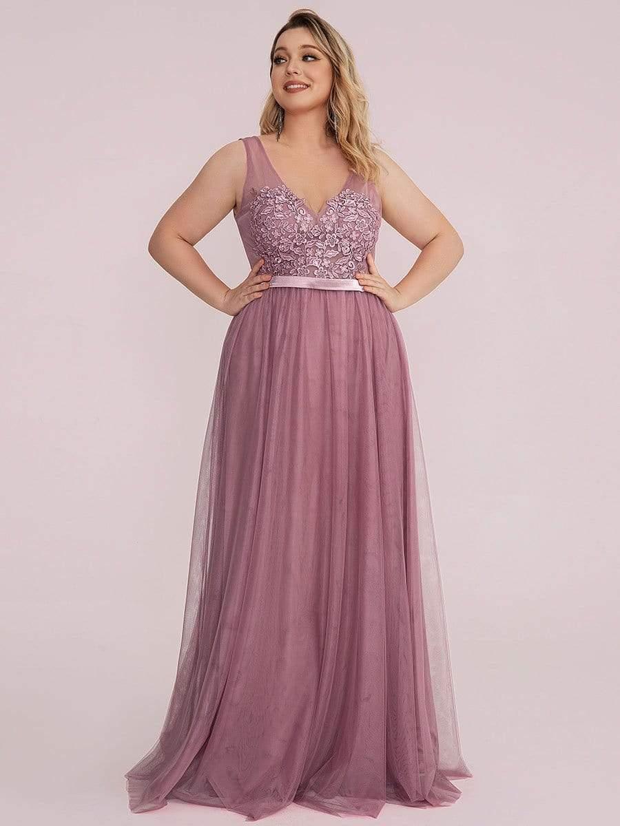 Plus Size Women's A-Line V-Neck Floral Lace Appliques Bridesmaid Dress(Final Sale) - Image 17
