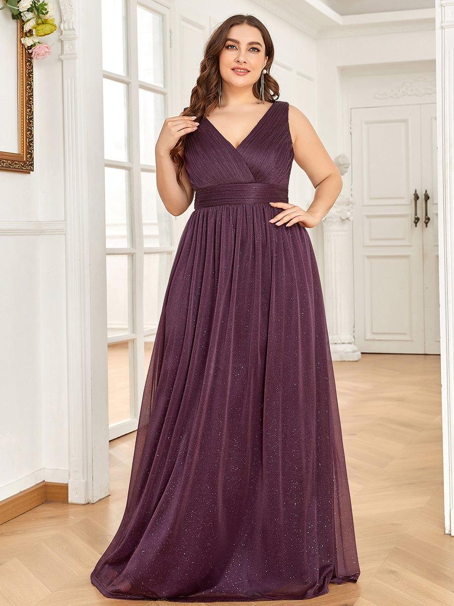 pretty STERLING|Double V Neck Maxi Long Plus Size Sparkly Evening Dresses for Party - Image 12