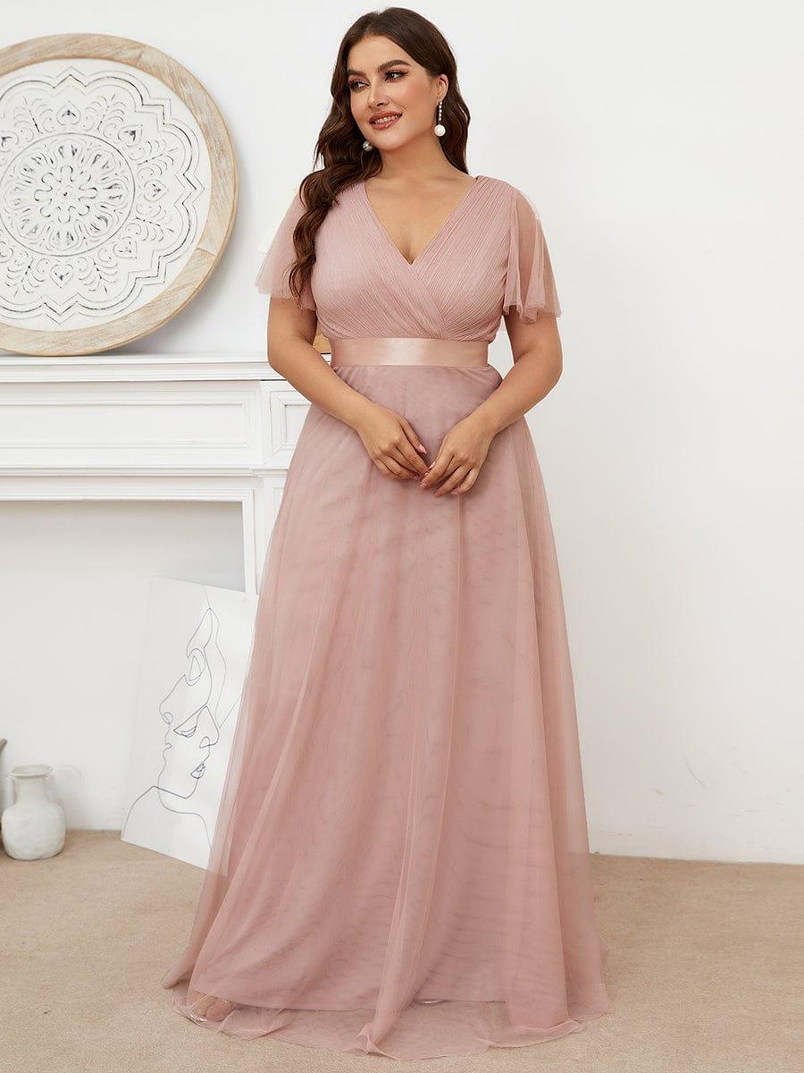 pretty MISTE|Plus Size Floor-Length Bridesmaid Dress with Short Sleeve - Image 11