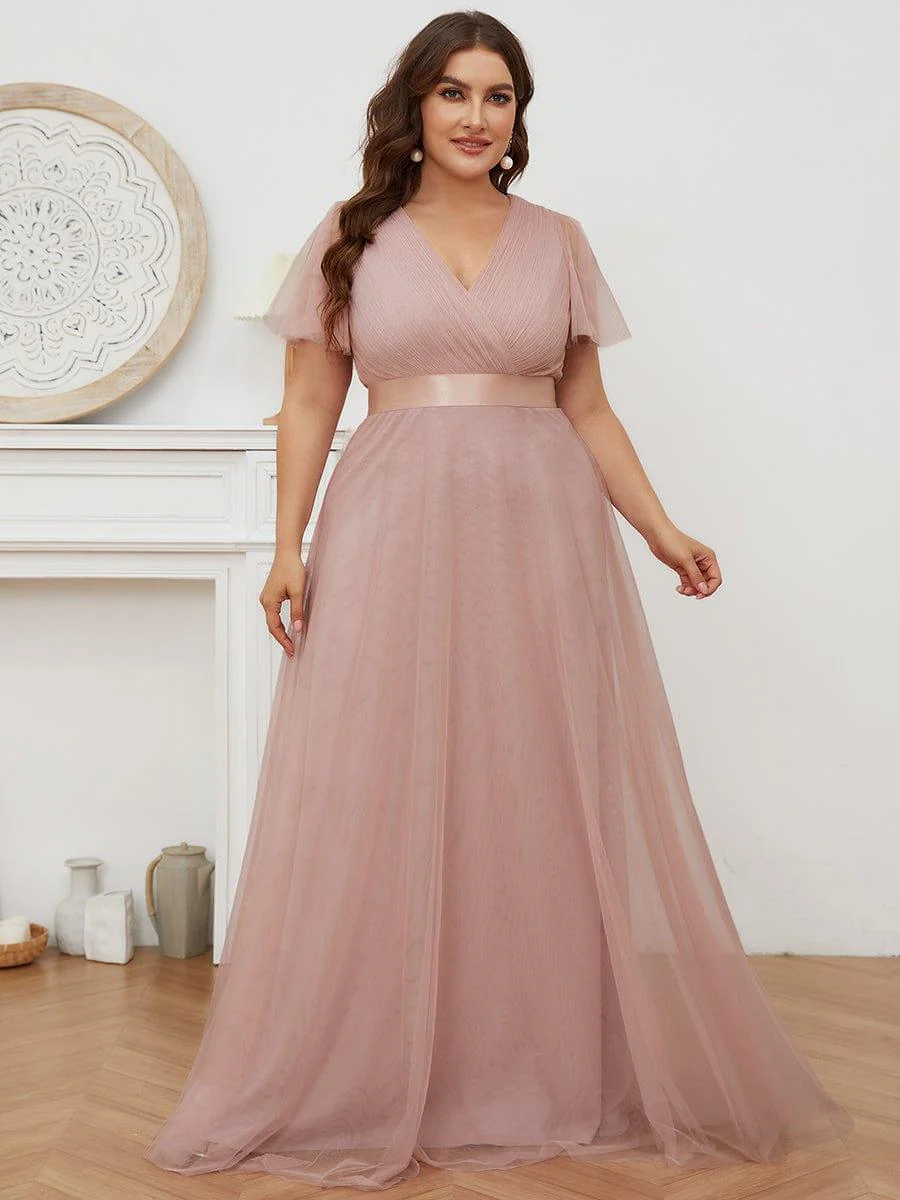 pretty MISTE|Plus Size Floor-Length Bridesmaid Dress with Short Sleeve - Image 4