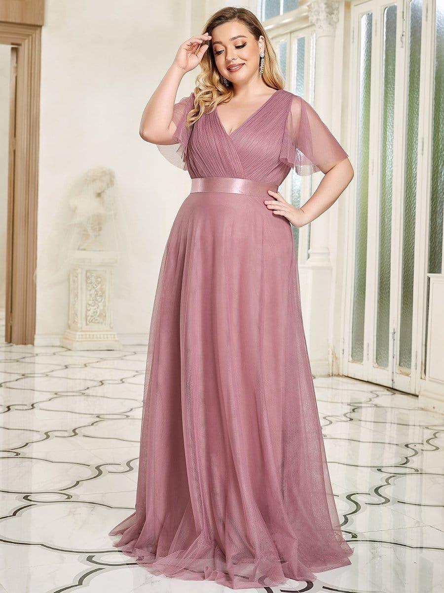 pretty MISTE|Plus Size Floor-Length Bridesmaid Dress with Short Sleeve - Image 40