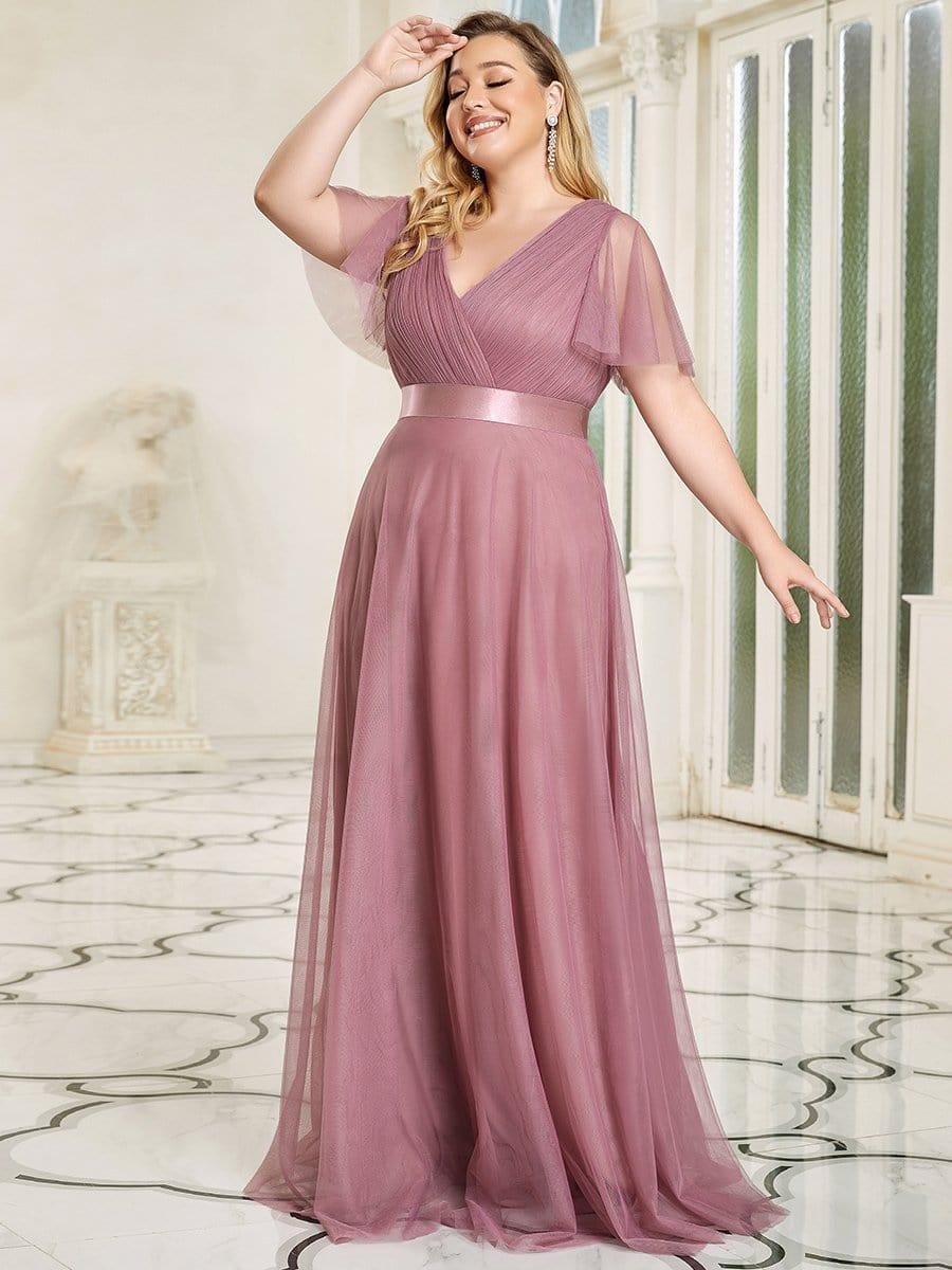 pretty MISTE|Plus Size Floor-Length Bridesmaid Dress with Short Sleeve - Image 42