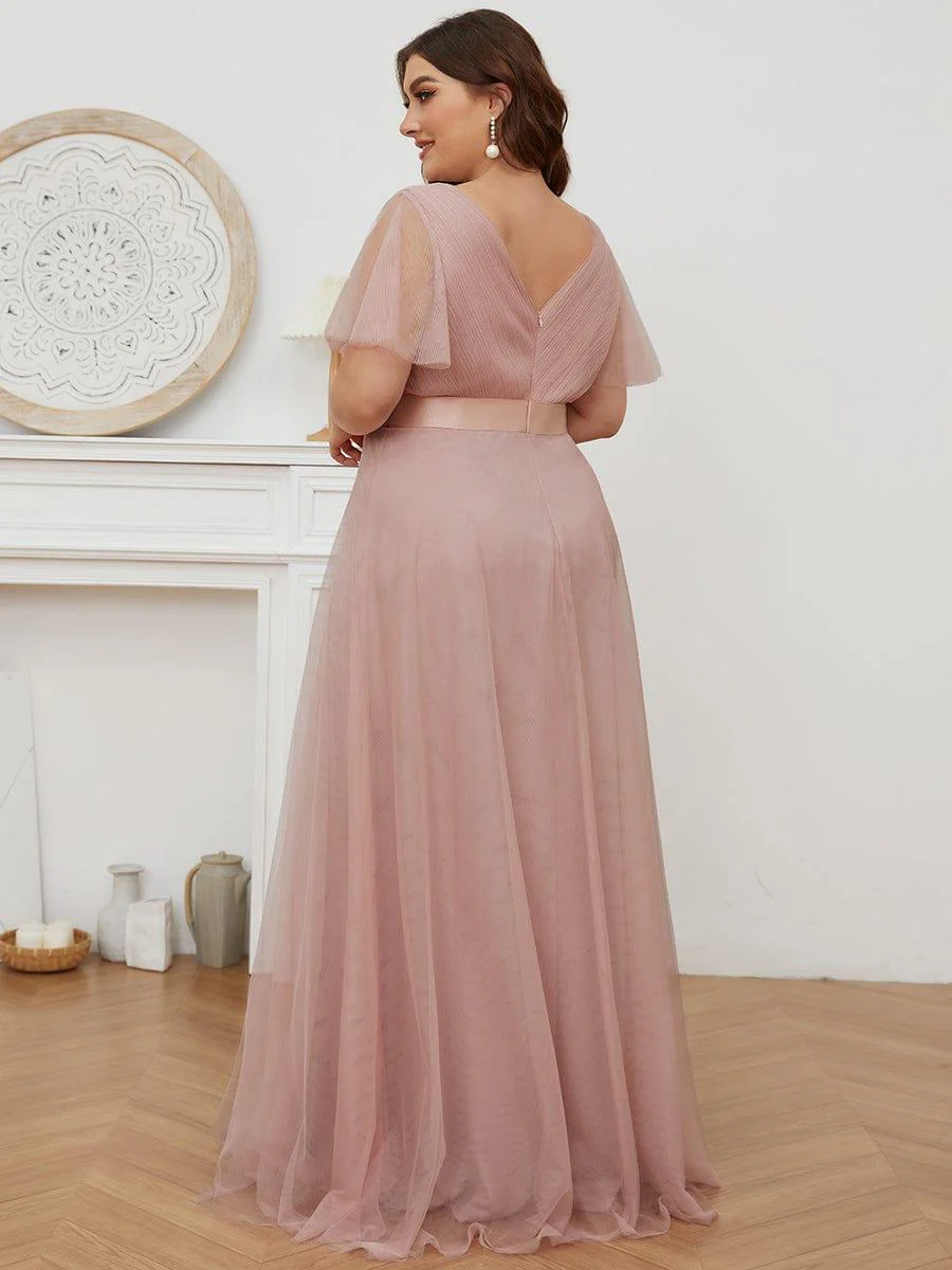 pretty MISTE|Plus Size Floor-Length Bridesmaid Dress with Short Sleeve - Image 8