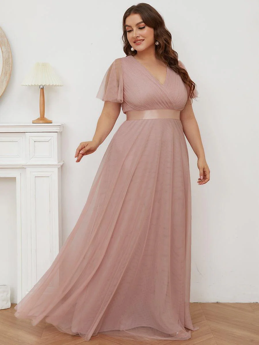 pretty MISTE|Plus Size Floor-Length Bridesmaid Dress with Short Sleeve - Image 9