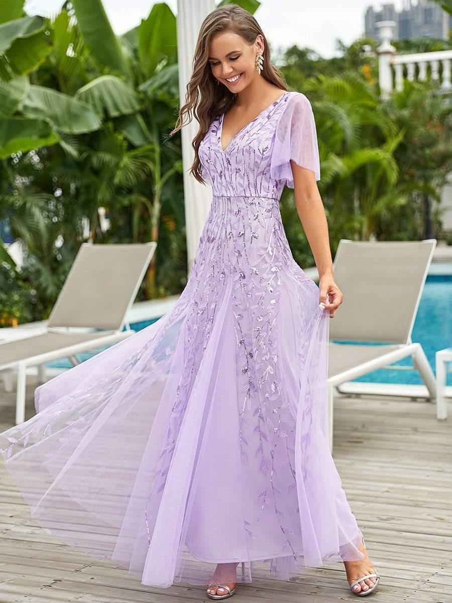 ever ASTRAL|Stunning V Neck Long Wedding Guest Dress with Ruffle Sleeves - Image 100