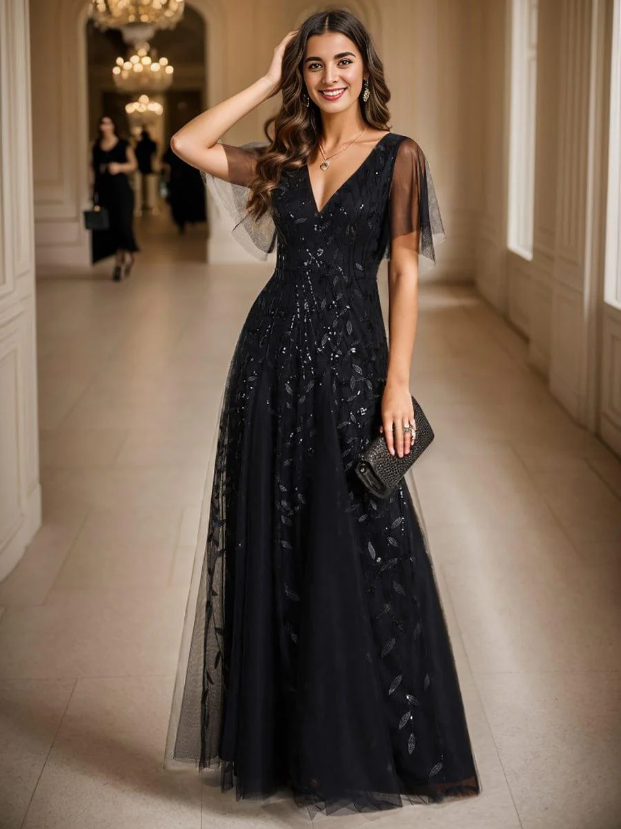 ever ASTRAL|Stunning V Neck Long Wedding Guest Dress with Ruffle Sleeves - Image 51