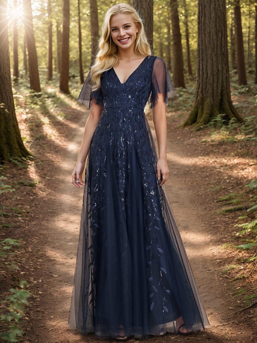 ever ASTRAL|Stunning V Neck Long Wedding Guest Dress with Ruffle Sleeves - Image 65