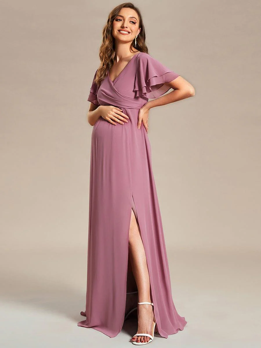 Ruffles Sleeve Front Slit Pleated Chiffon Maternity Dress - Image 10