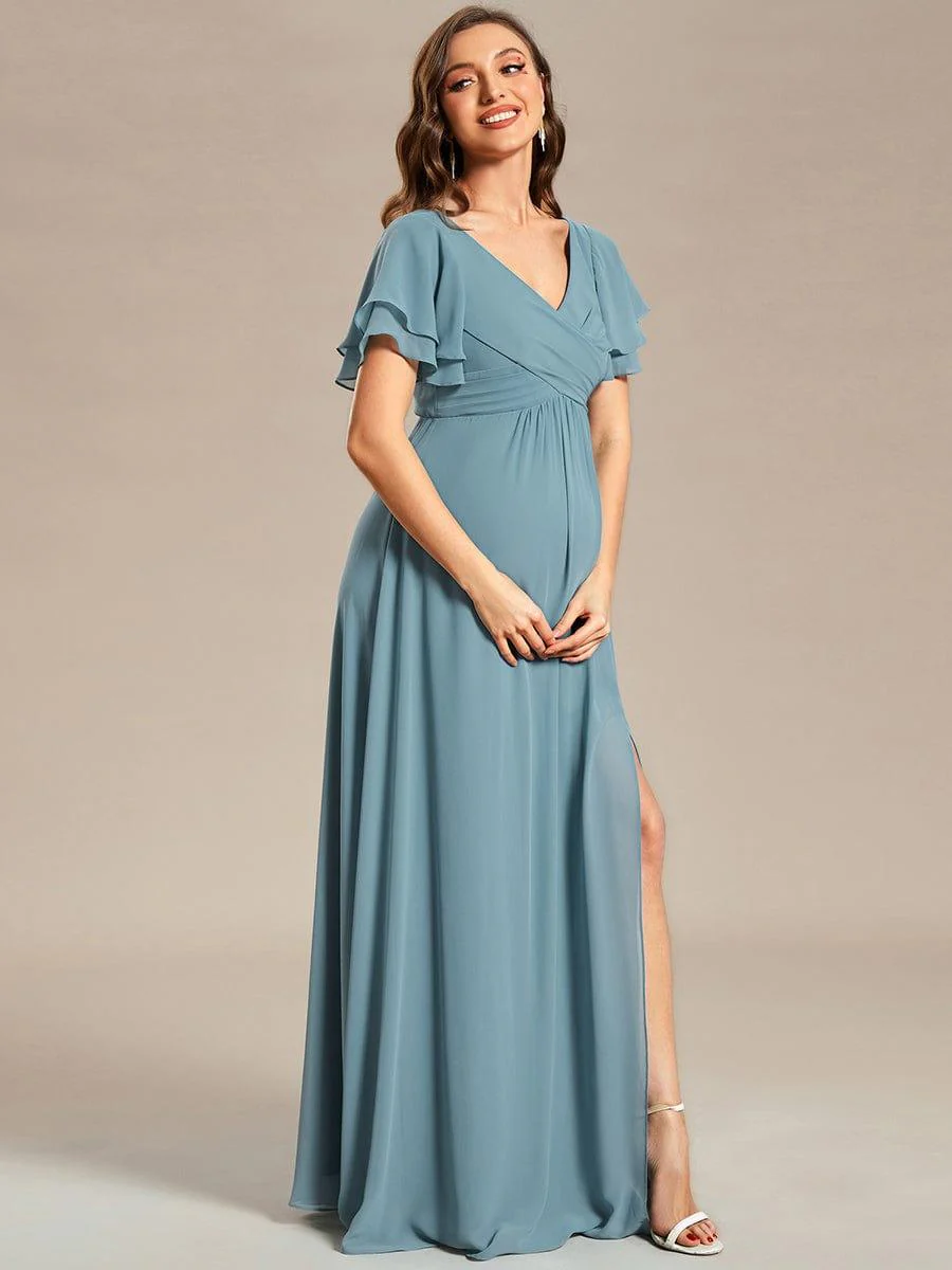 Ruffles Sleeve Front Slit Pleated Chiffon Maternity Dress - Image 5
