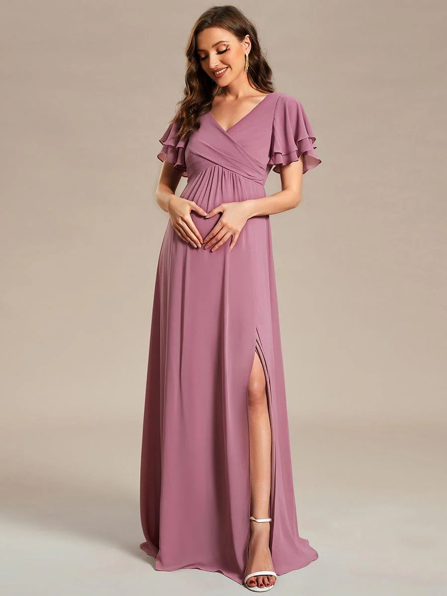 Ruffles Sleeve Front Slit Pleated Chiffon Maternity Dress - Image 6