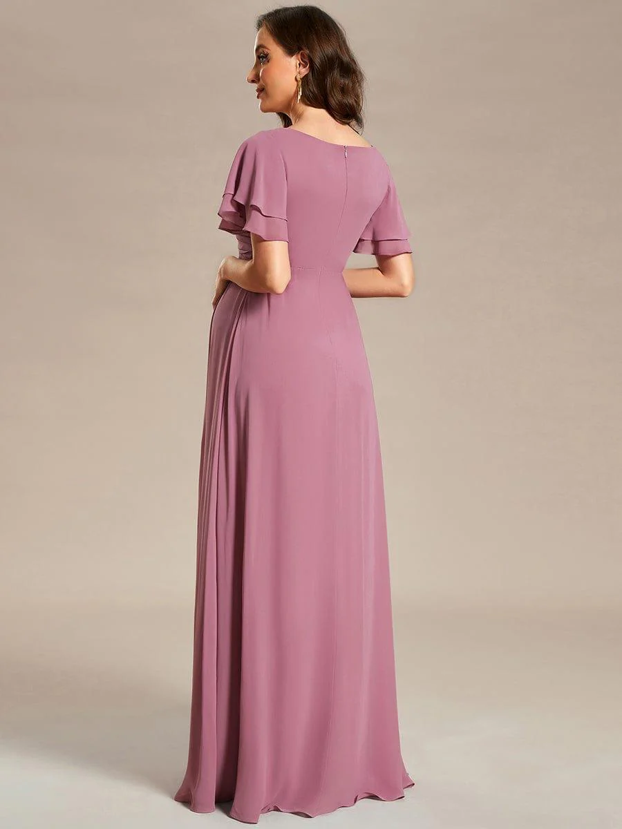 Ruffles Sleeve Front Slit Pleated Chiffon Maternity Dress - Image 7