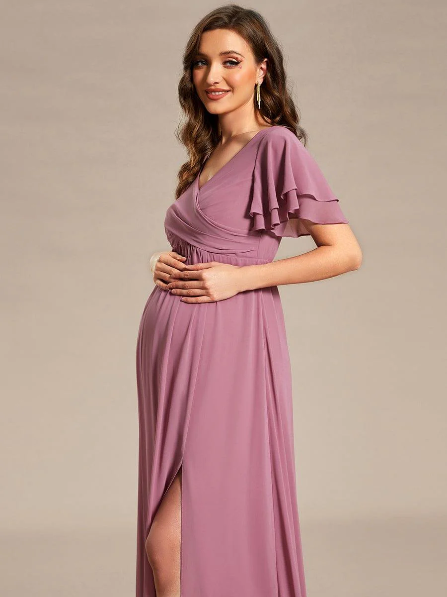 Ruffles Sleeve Front Slit Pleated Chiffon Maternity Dress - Image 8