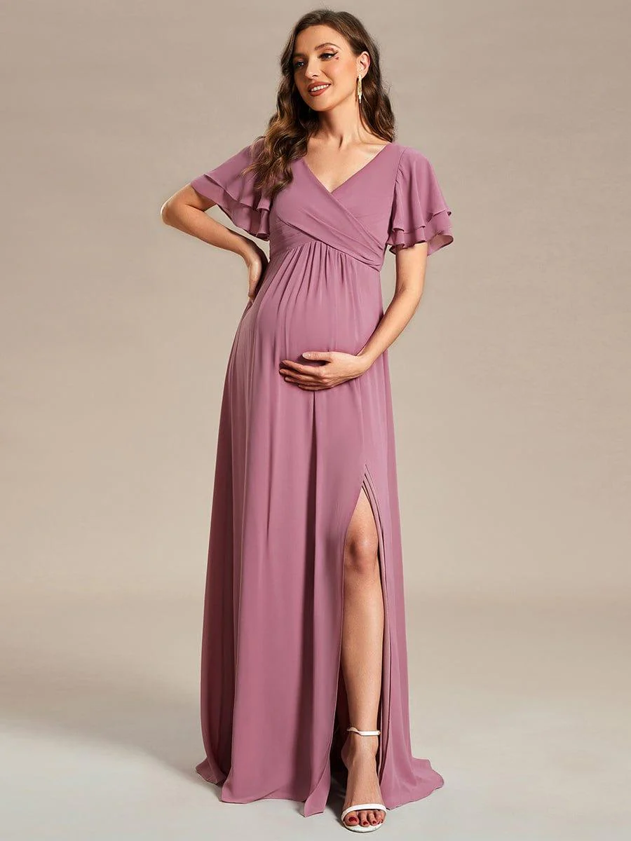 Ruffles Sleeve Front Slit Pleated Chiffon Maternity Dress - Image 9