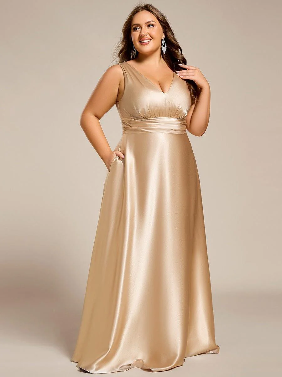 ever INDY|Sleeveless Empire Waist Satin Maxi Bridesmaid Dress With Pockets - Image 35
