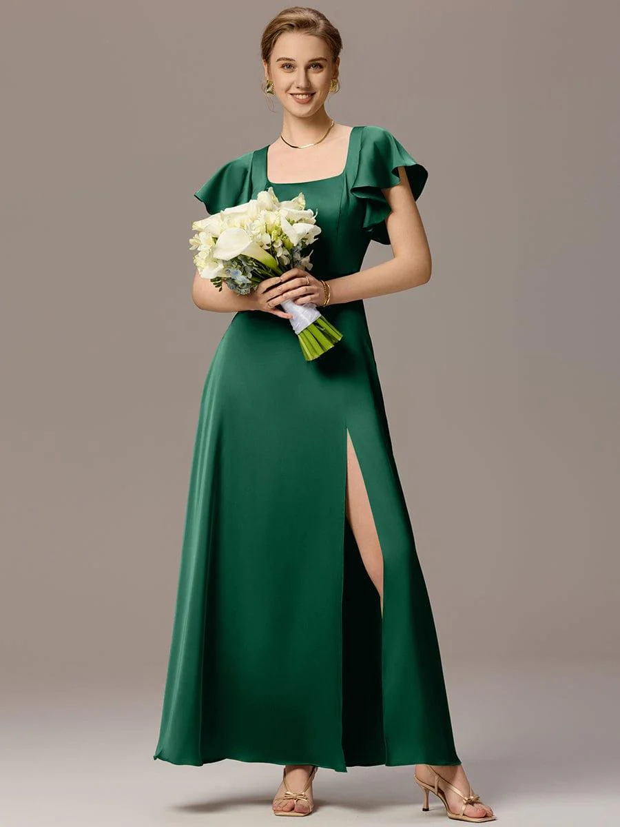 ever BELISSE|Designer Satin Square Neck Short Sleeve Ruffled Maxi Bridesmaid Dress With Pockets - Image 10