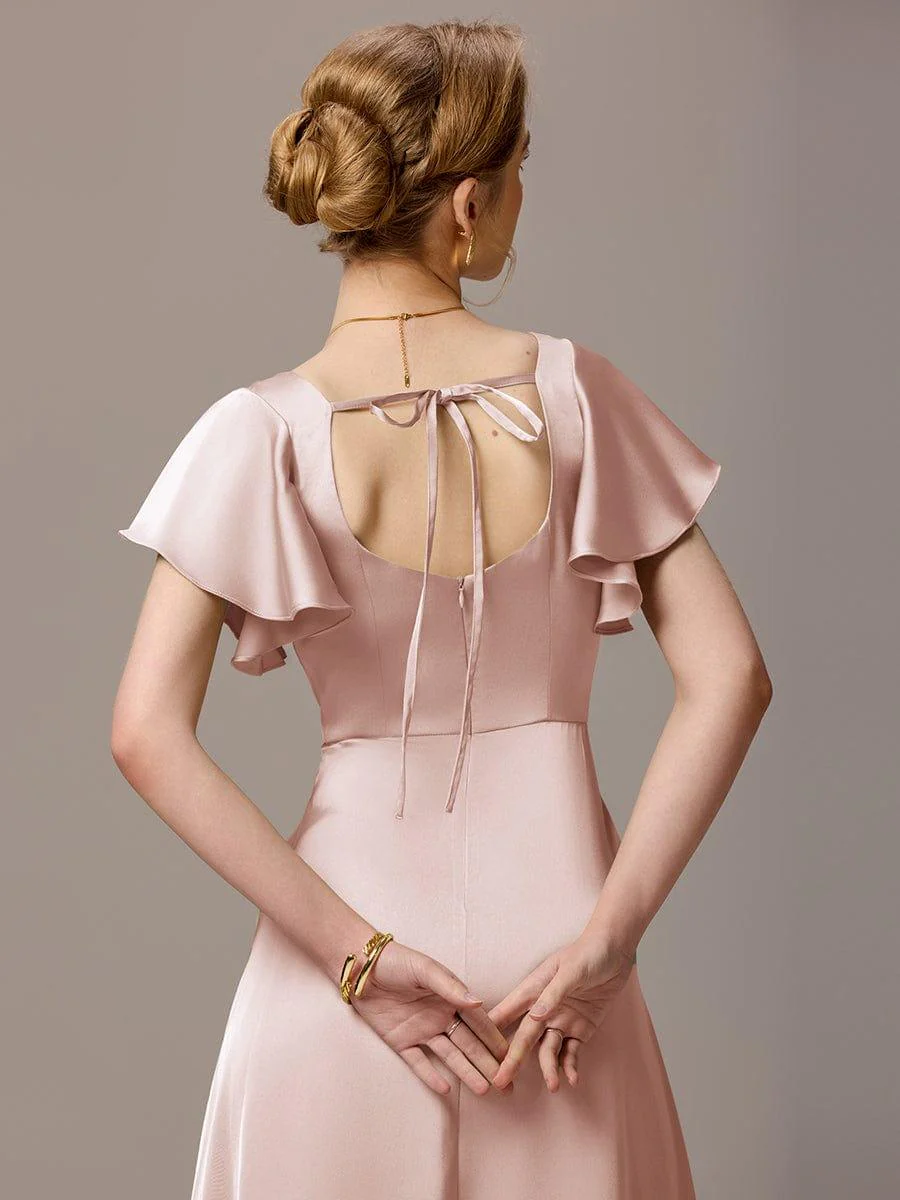 ever BELISSE|Designer Satin Square Neck Short Sleeve Ruffled Maxi Bridesmaid Dress With Pockets - Image 13