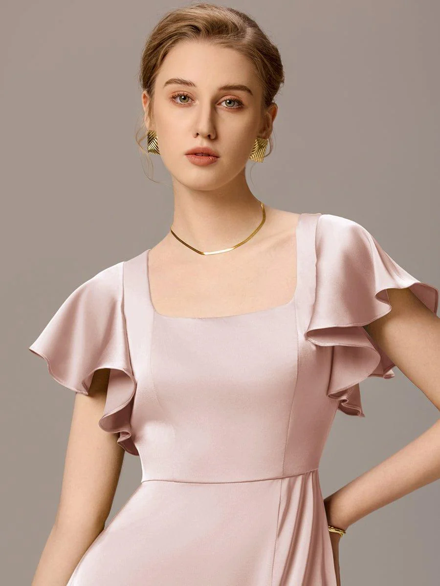 ever BELISSE|Designer Satin Square Neck Short Sleeve Ruffled Maxi Bridesmaid Dress With Pockets - Image 14