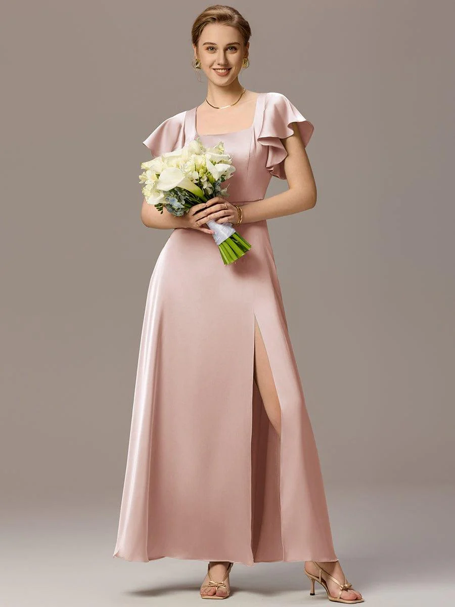 ever BELISSE|Designer Satin Square Neck Short Sleeve Ruffled Maxi Bridesmaid Dress With Pockets - Image 15