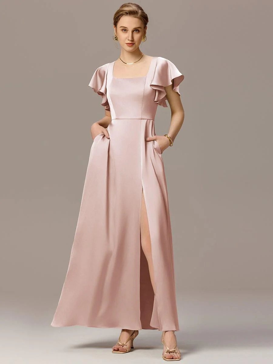 ever BELISSE|Designer Satin Square Neck Short Sleeve Ruffled Maxi Bridesmaid Dress With Pockets - Image 16