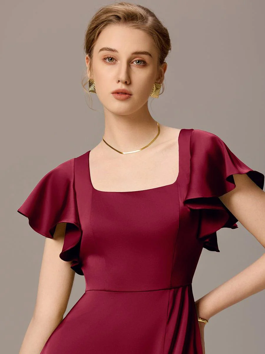 ever BELISSE|Designer Satin Square Neck Short Sleeve Ruffled Maxi Bridesmaid Dress With Pockets - Image 19