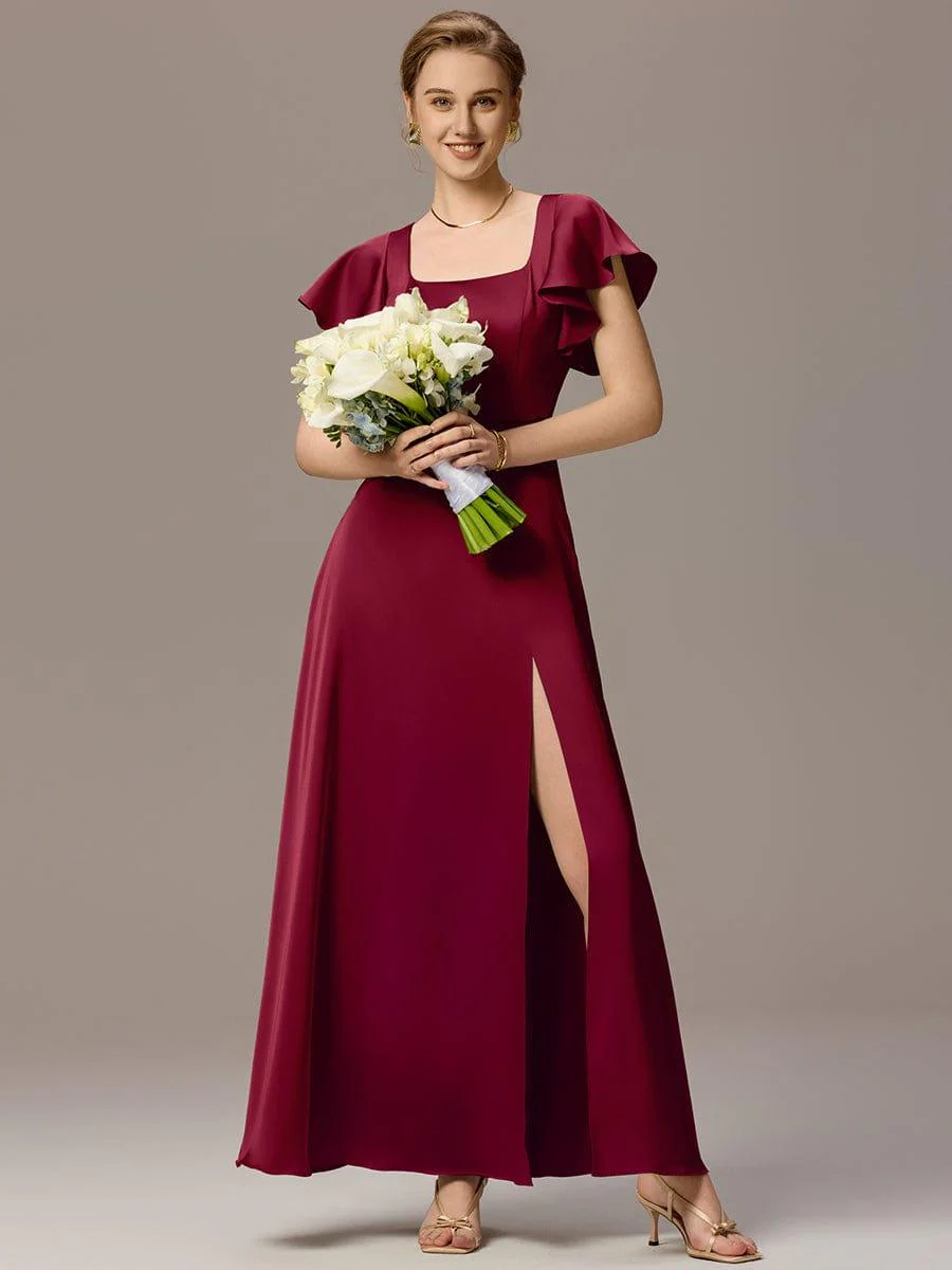 ever BELISSE|Designer Satin Square Neck Short Sleeve Ruffled Maxi Bridesmaid Dress With Pockets - Image 20