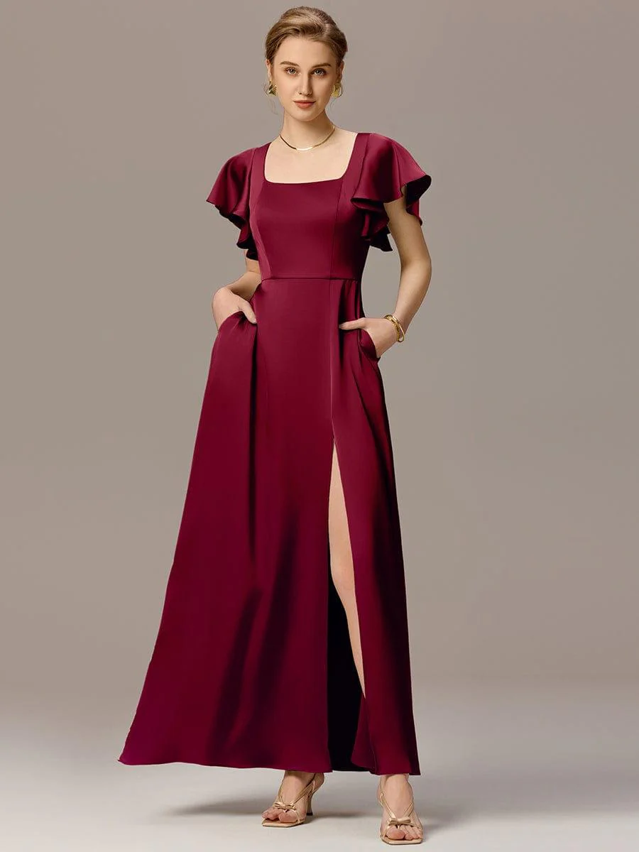 ever BELISSE|Designer Satin Square Neck Short Sleeve Ruffled Maxi Bridesmaid Dress With Pockets - Image 21