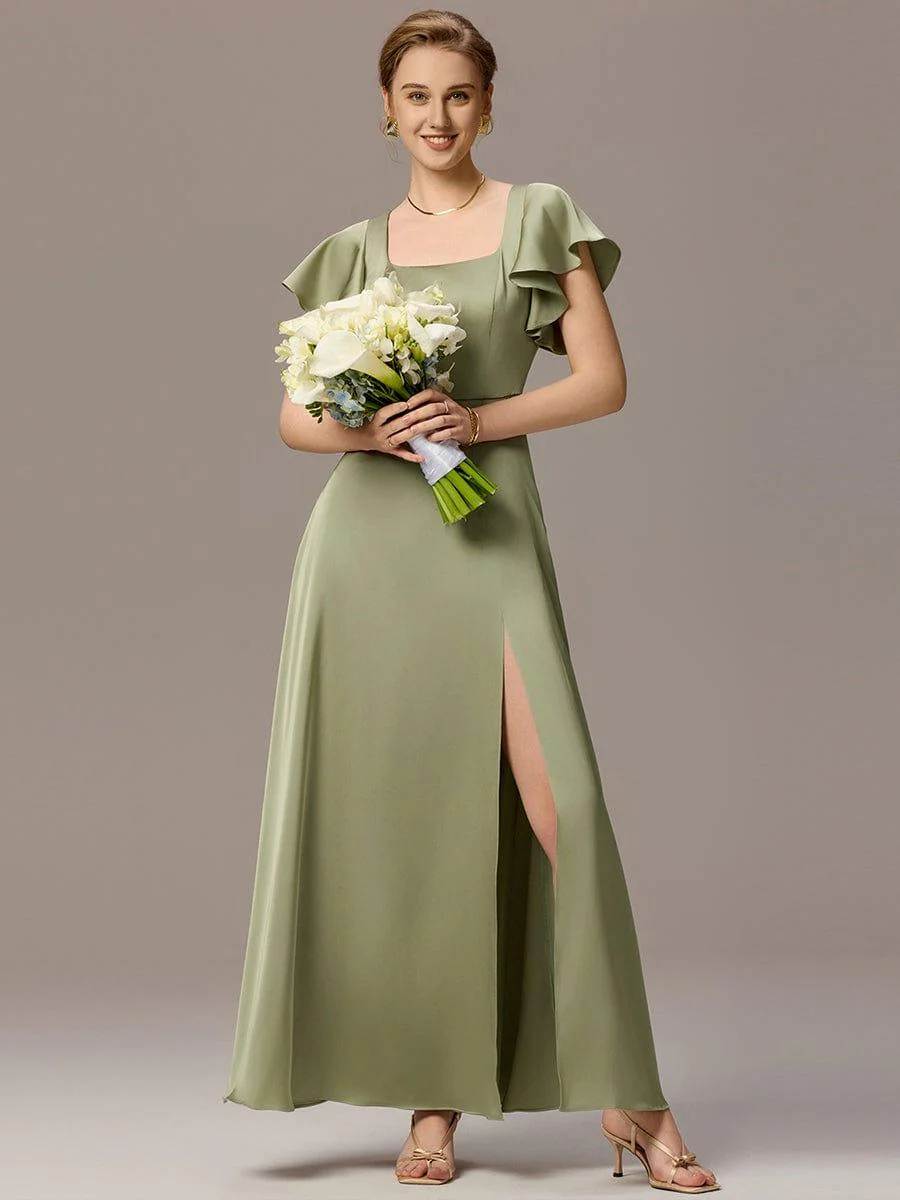ever BELISSE|Designer Satin Square Neck Short Sleeve Ruffled Maxi Bridesmaid Dress With Pockets - Image 6