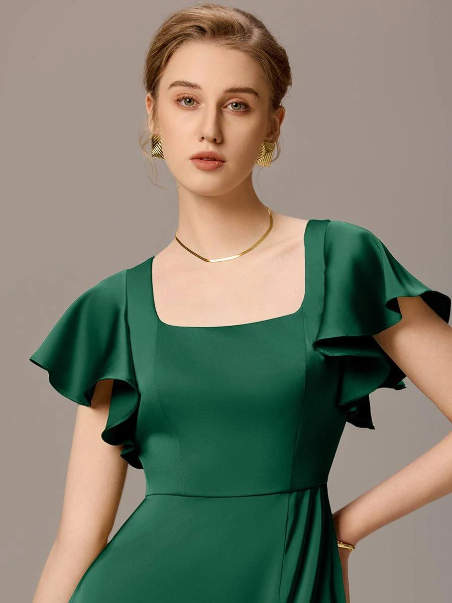 ever BELISSE|Designer Satin Square Neck Short Sleeve Ruffled Maxi Bridesmaid Dress With Pockets - Image 9