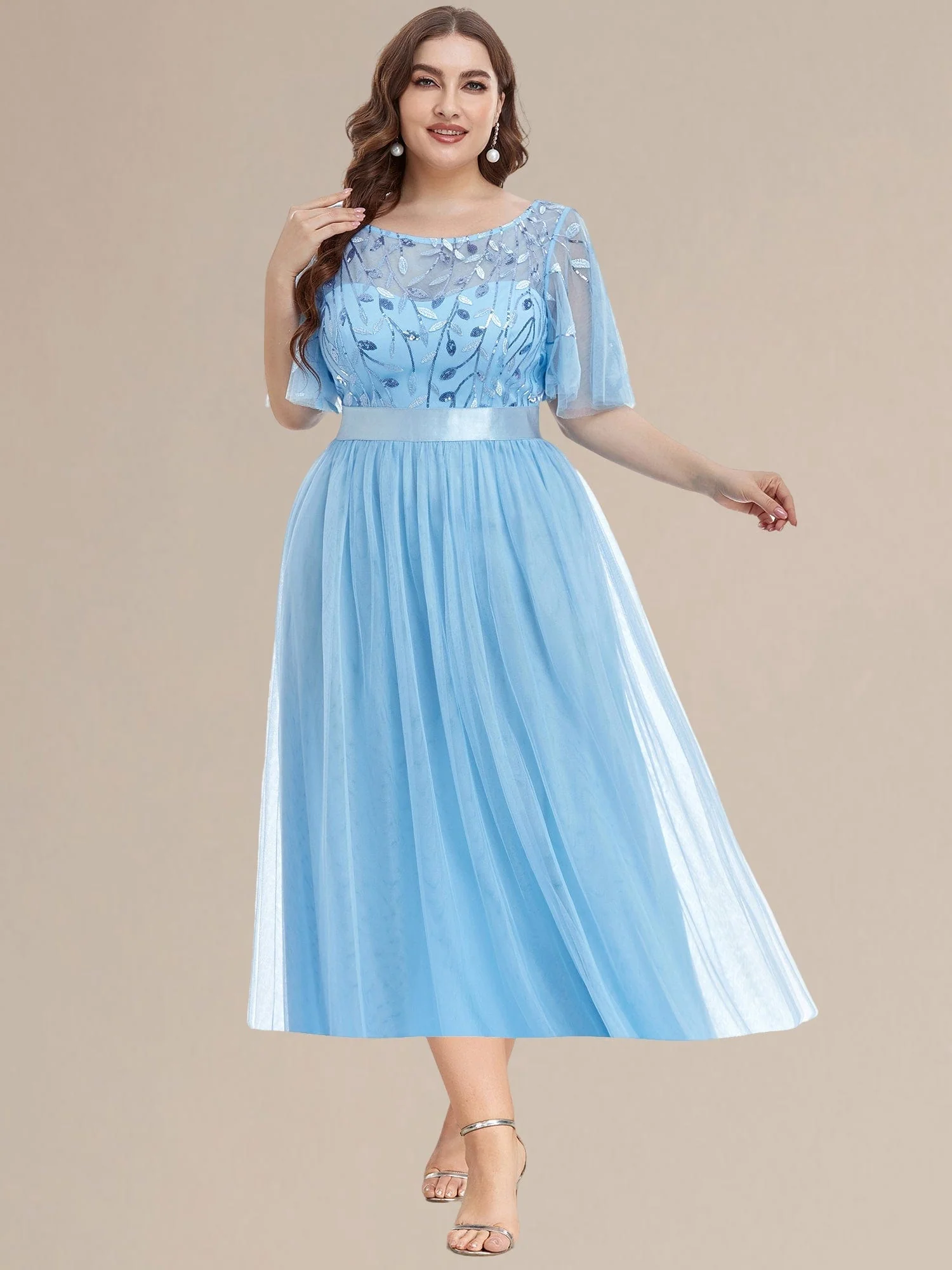 ever TAYLOR|Designer Sequin Leaf Midi Wedding Guest Dress - Image 56