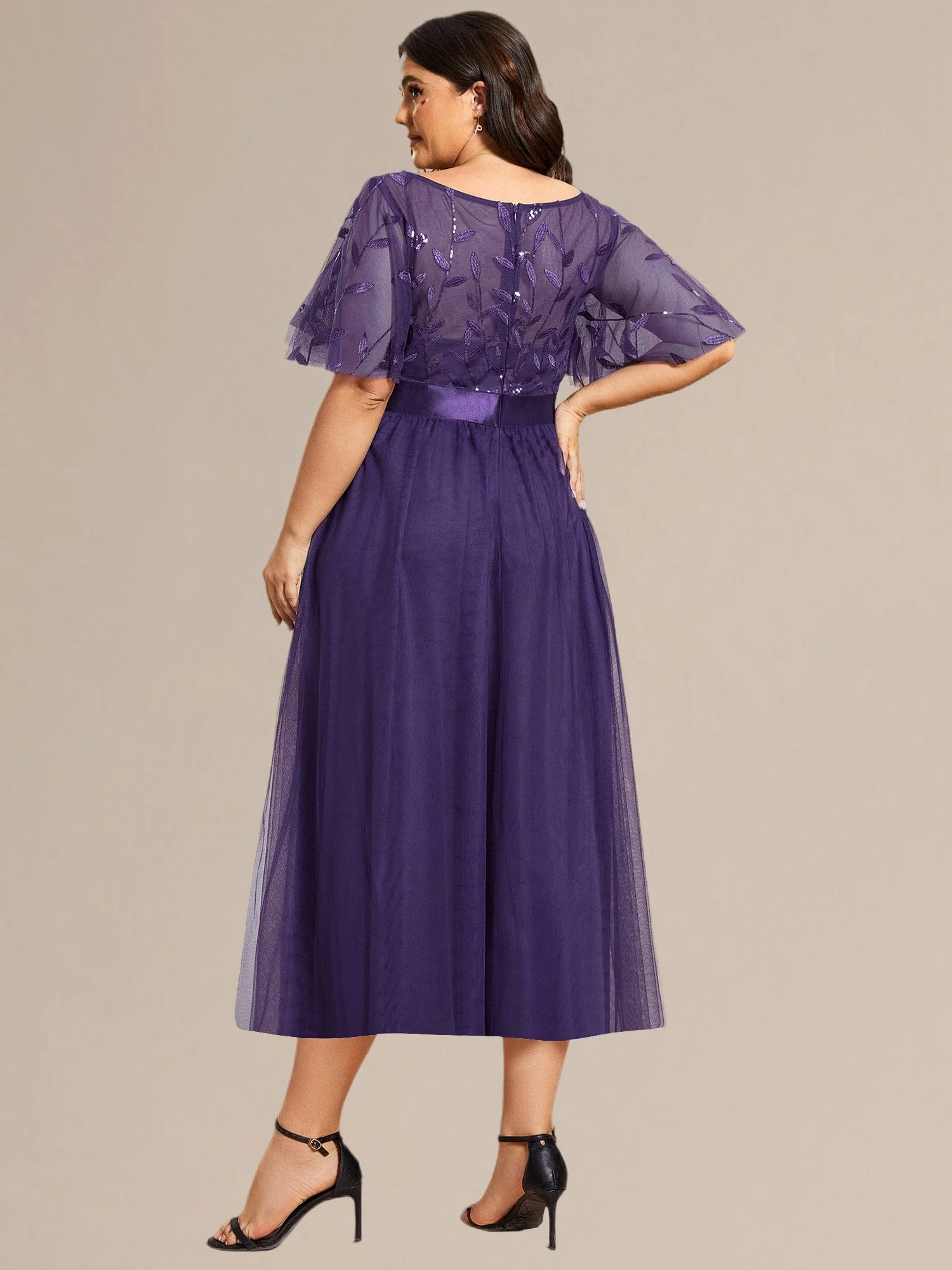 ever TAYLOR|Designer Sequin Leaf Midi Wedding Guest Dress - Image 8