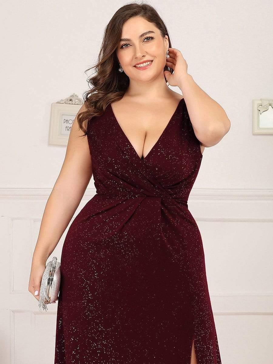 Shiny V Neck Floor Length Plus Size Evening Dresses with Side Split - Image 10