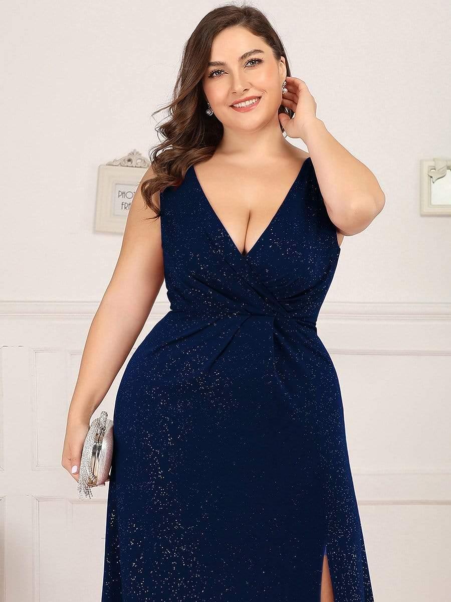 Shiny V Neck Floor Length Plus Size Evening Dresses with Side Split - Image 15