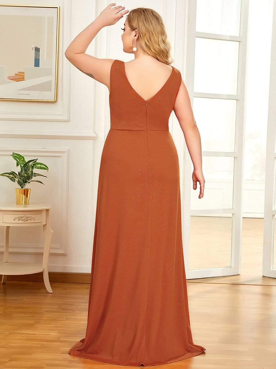 Shiny V Neck Floor Length Plus Size Evening Dresses with Side Split - Image 17