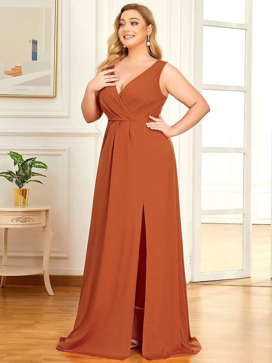 Shiny V Neck Floor Length Plus Size Evening Dresses with Side Split - Image 18