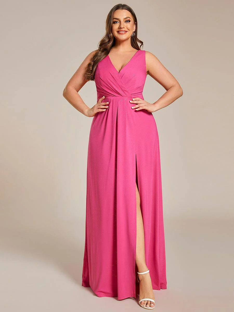 Shiny V Neck Floor Length Plus Size Evening Dresses with Side Split - Image 26