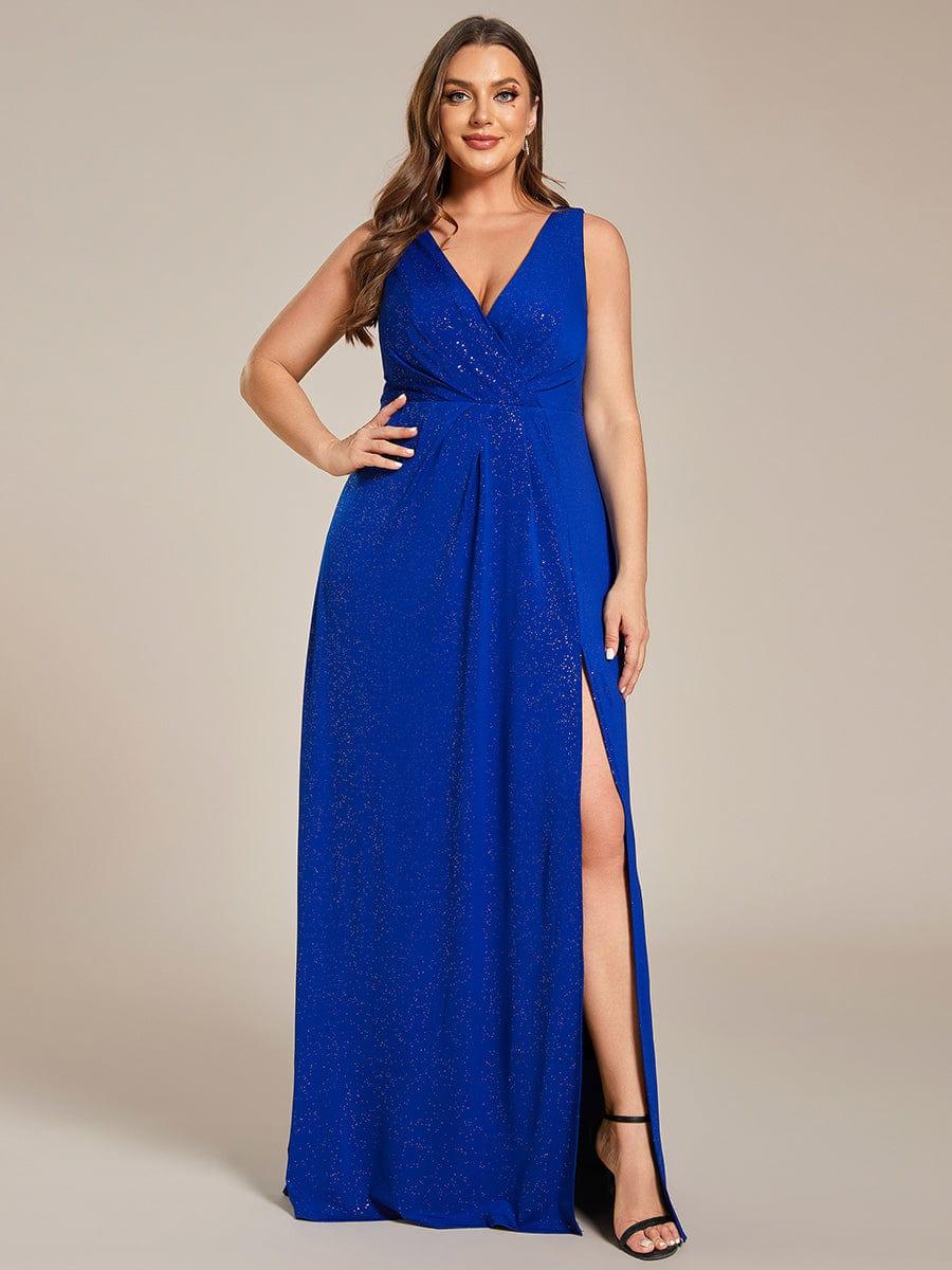 Shiny V Neck Floor Length Plus Size Evening Dresses with Side Split - Image 35